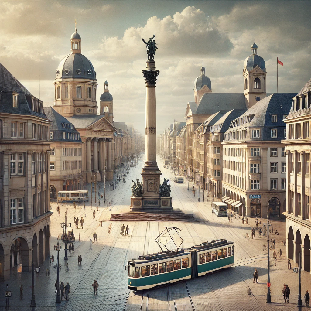 Luisenplatz Darmstadt mit Straßenbahn – nahe TowrHub Coworking Space